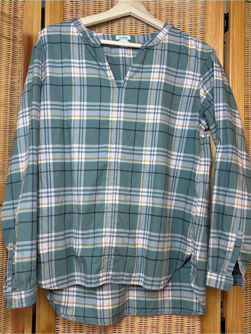L.L.Bean Green, Pink and Mustard Pullover V neck Plaid Shirt Tunic size S